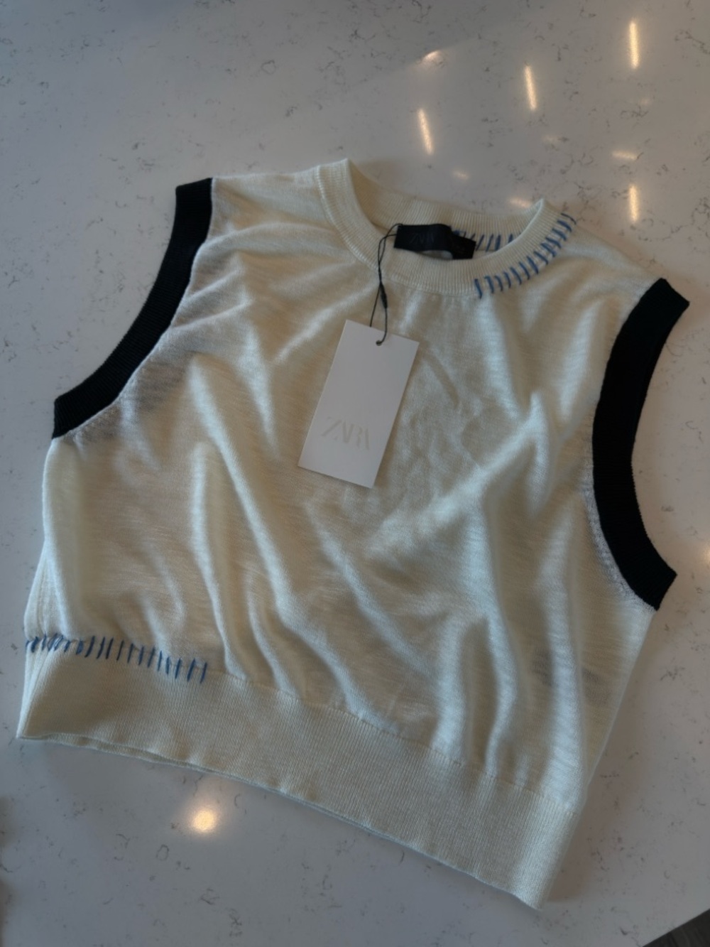 ZARA Cream Knit Tank with Black Trim and Blue Stitching